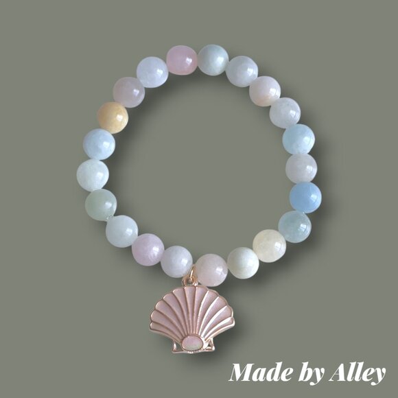 Handmade Set of Two Round Rainbow Morganite Beaded Bracelets with Charm - Picture 3 of 6